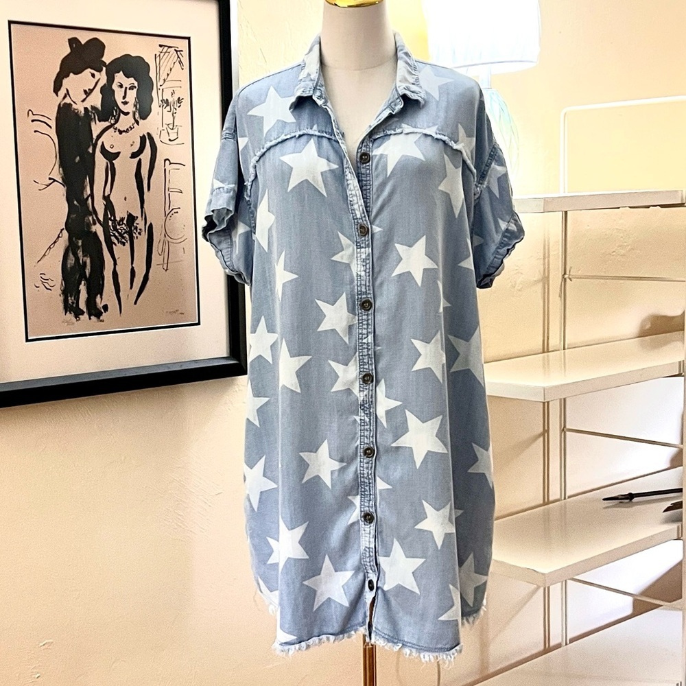 Star-Print Chambray Shirt Dress - Blue - Picture 8 of 16